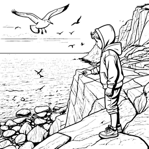 Begeisterter Junge auf Klippe beobachtet fliegende Vögel Ausmalbild für junge Naturfreunde