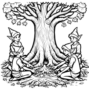 Fantasievolle Elfen am geheimnisvollen Baum Ausmalmotiv für abenteuerlustige Künstler