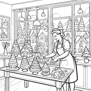Kreative Konditorin mit festlichen Kuchen Ausmalvorlage für kleine Meisterbäcker