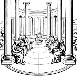 Weise Denker im antiken Tempel Ausmalvorlage für junge Philosophen