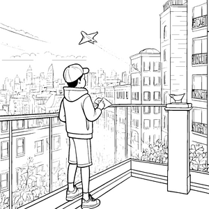 Fantasievoller Junge startet Papierflugzeug vom Balkon Ausmalvorlage für kreative Entdecker