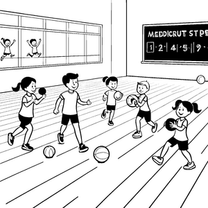 Spaßige Kinder beim Medizinballspiel Ausmalvorlage für aktive Entdecker