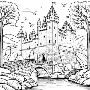 Majestätische Burg über dem glitzernden Wasser Malvorlage für junge Königreichebauer