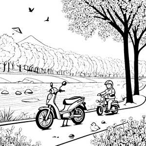 Spannende Mopedfahrt entlang des ruhigen Flusses Ausmalbild für neugierige Verkehrsentdecker