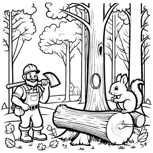 Befreideter Holzfäller freundlich zu einem Eichhörnchen Ausmalbild für kleine Naturforscher