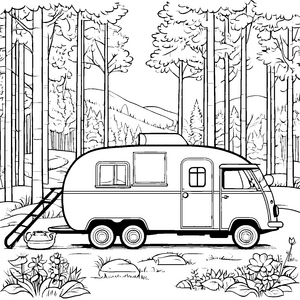 Abenteuerlicher Wohnwagen in traumhafter Natur Ausmalvorlage für kleine Wohnwagenfans