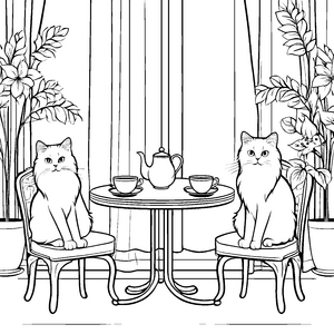Zwei elegante Perserkatzen beim Teekränzchen Ausmalvorlage für stilvolle Katzenfreunde