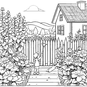 Bunter Gartenzaun mit fantasievollen Blumen Ausmalvorlage für kleine Gartenkünstler