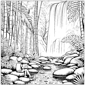 Entspannender Wasserfall mit üppigen Farnen Malvorlage für neugierige Naturentdecker