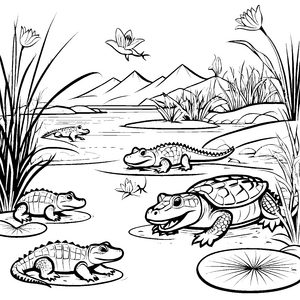 Frohsinnige Krokodile am ruhigen Teich Ausmalbild für neugierige Wasserräuber