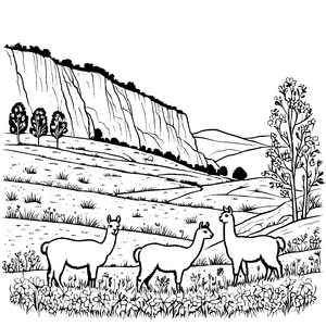 Lebhafte Alpakas in blühender Landschaft Ausmalbild für fröhliche Naturfreunde