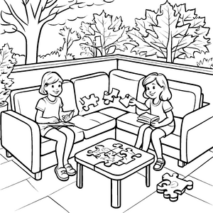 Fröhliche Kinder bei einem Puzzlespaß auf dem Couchtisch Ausmalvorlage für kreative Spielgefährten