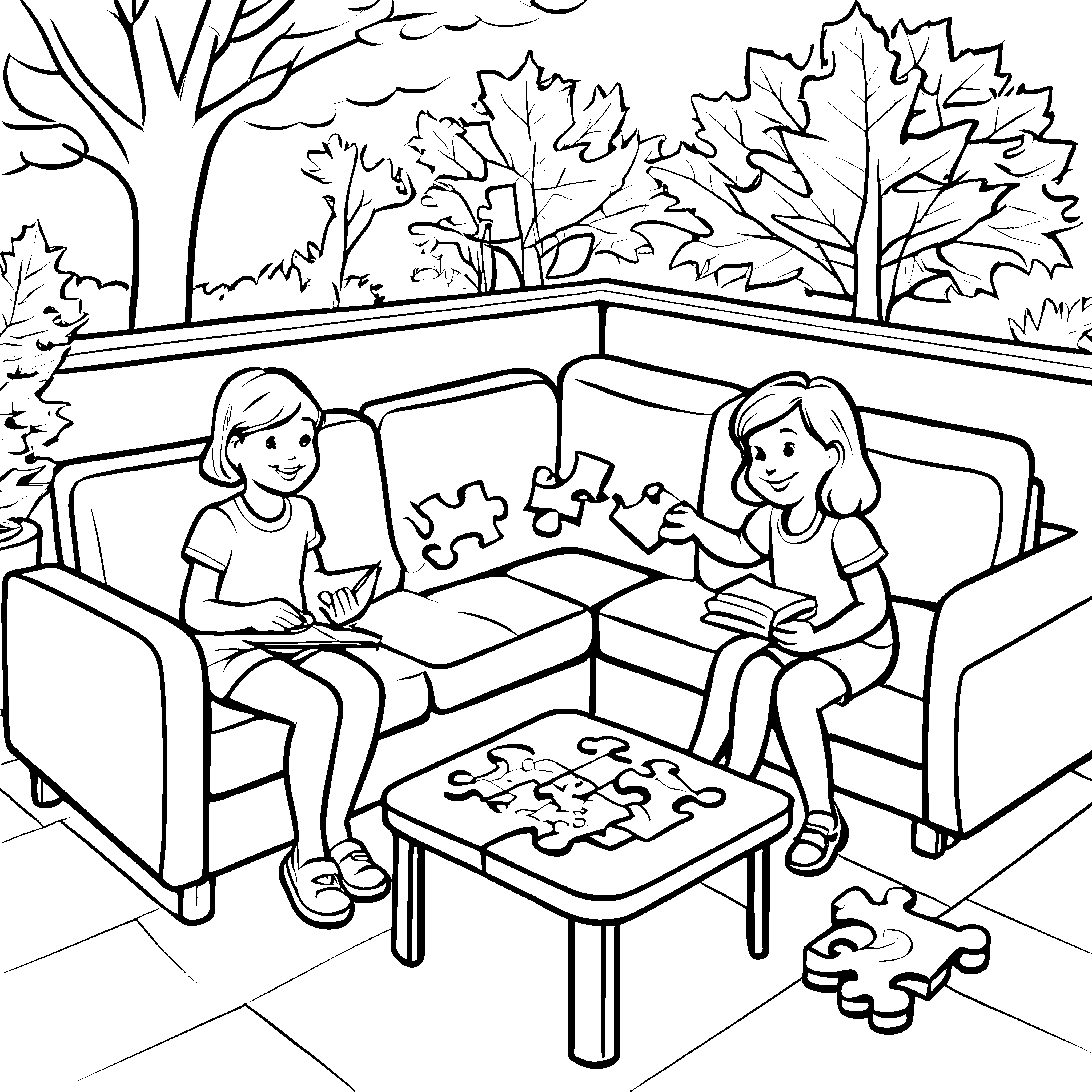 Fröhliche Kinder bei einem Puzzlespaß auf dem Couchtisch Ausmalvorlage für kreative Spielgefährten