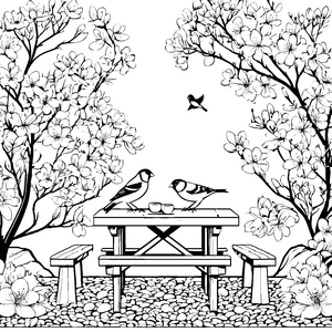 Zwei schlaue Vögel an gemütlichem Tisch Ausmalmotiv für kreative Gartenfreunde