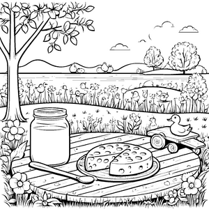 Köstlicher Käsekuchen im Sommergarten Ausmalbild für kleine Gourmet-Entdecker