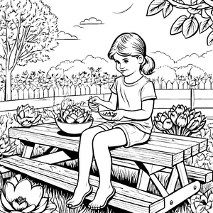 Lustiges Mädchen mit Artischocken auf der Terrasse Ausmalbild für junge Feinschmecker
