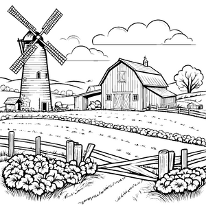 Bauernhof mit rustikaler Scheune und Windmühle Ausmalbild für kleine Naturforscher