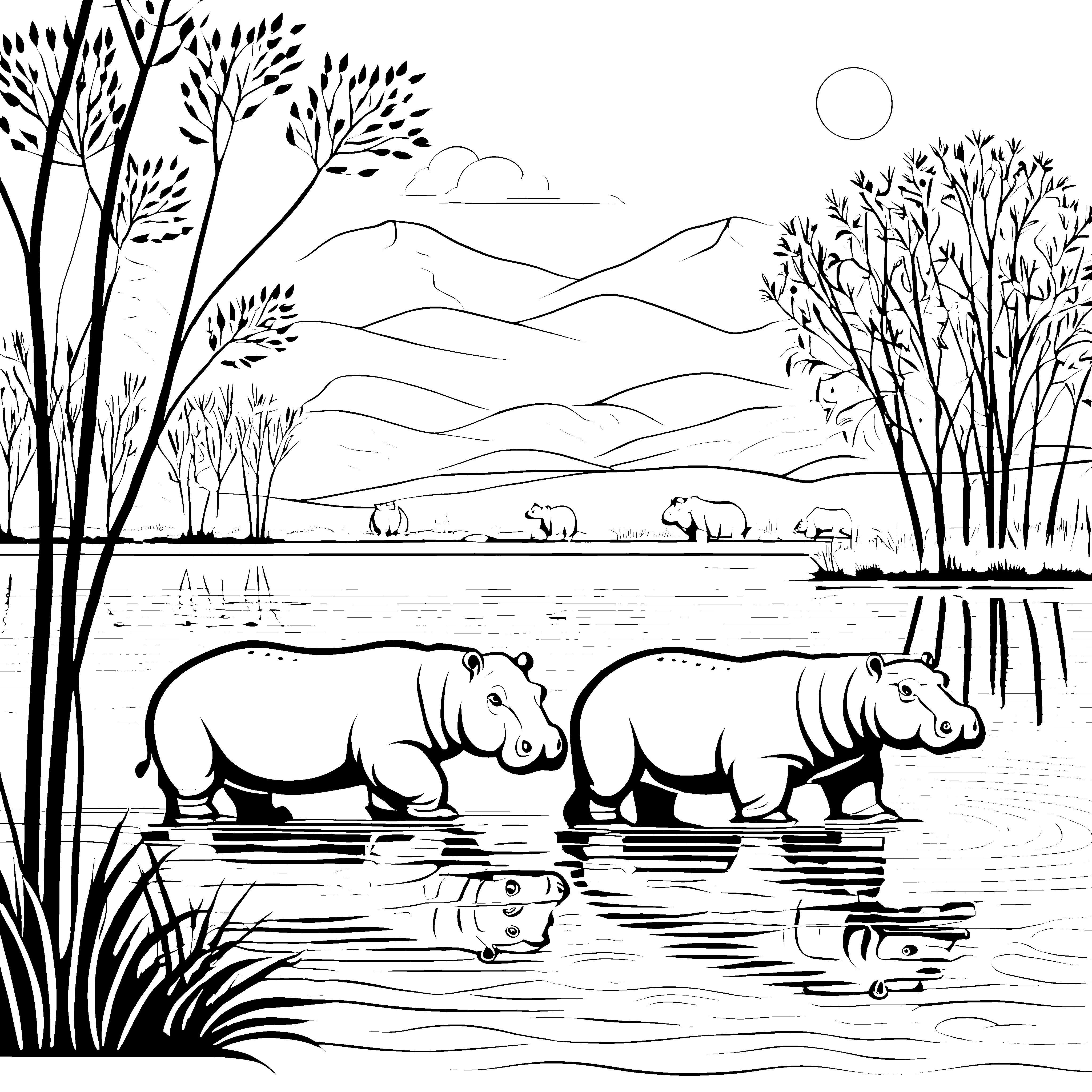 Niedliche Nilpferde beim Planschen im Wasser Ausmalvorlage für abenteuerlustige Freunde der Tierwelt