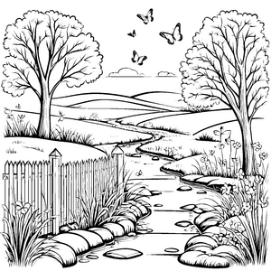 Wunderschöner Gartenzaun mit blühenden Pflanzen Ausmalmotiv für kreative Naturfreunde