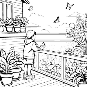 Bunte Schmetterlinge um blühenden Balkon Ausmalvorlage für kleine Naturfanatiker