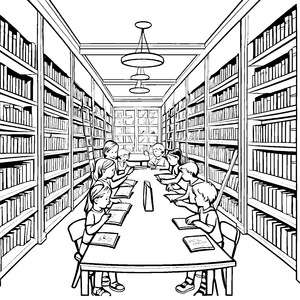 Spannende Lesestunden mit Freunden in der Bibliothek Malvorlage für wissbegierige Leseratten