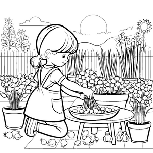 Fröhliches Mädchen beim Ernten der Frühlingszwiebeln Ausmalbild für kleine Gartenfreunde