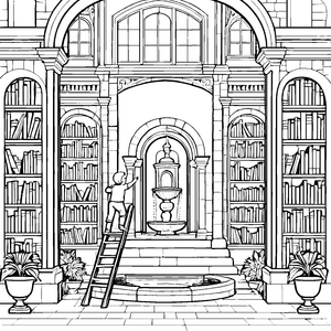 Magische Bibliothek mit geheimnisvollem Brunnen Ausmalbild für wissbegierige Entdecker