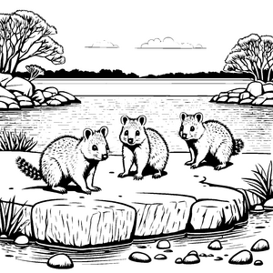 Quokka Babys beim Entdecken am Wasser Ausmalmotiv für kleine Naturforscher