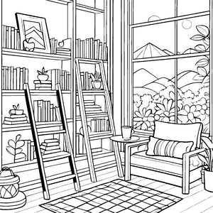 Gemütlicher Bücherschrank mit Pflanzen und Aussicht Ausmalbild für wissbegierige Leseratten