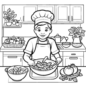 Kreativer Koch mit frischem Malabarspinat Ausmalmotiv für kleine Gourmets