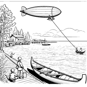 Abenteuerlicher Zeppelin schwebt über dem Hafen Ausmalvorlage für fantasievolle Entdecker