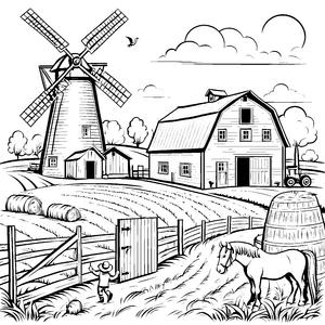 Harmonischer Bauernhof mit Windmühle und Pferd Ausmalvorlage für abenteuerliche Entdecker