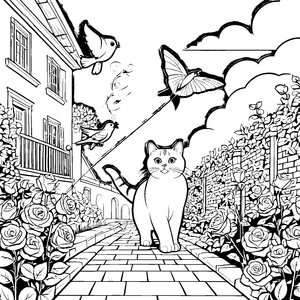 Süße Britisch Kurzhaar Katze im blühenden Garten Ausmalbild für neugierige Tierentdecker