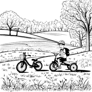 Kreatives Dreiradfahrer-Abenteuer im bunten Garten Ausmalbild für kleine Entdecker
