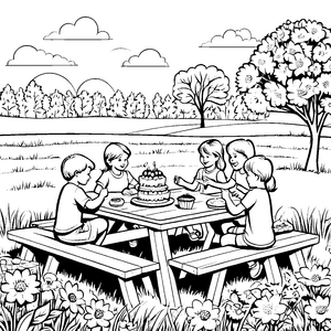 Fröhliches Picknick mit buntem Kuchengenuss Ausmalvorlage für kleine Feinschmecker