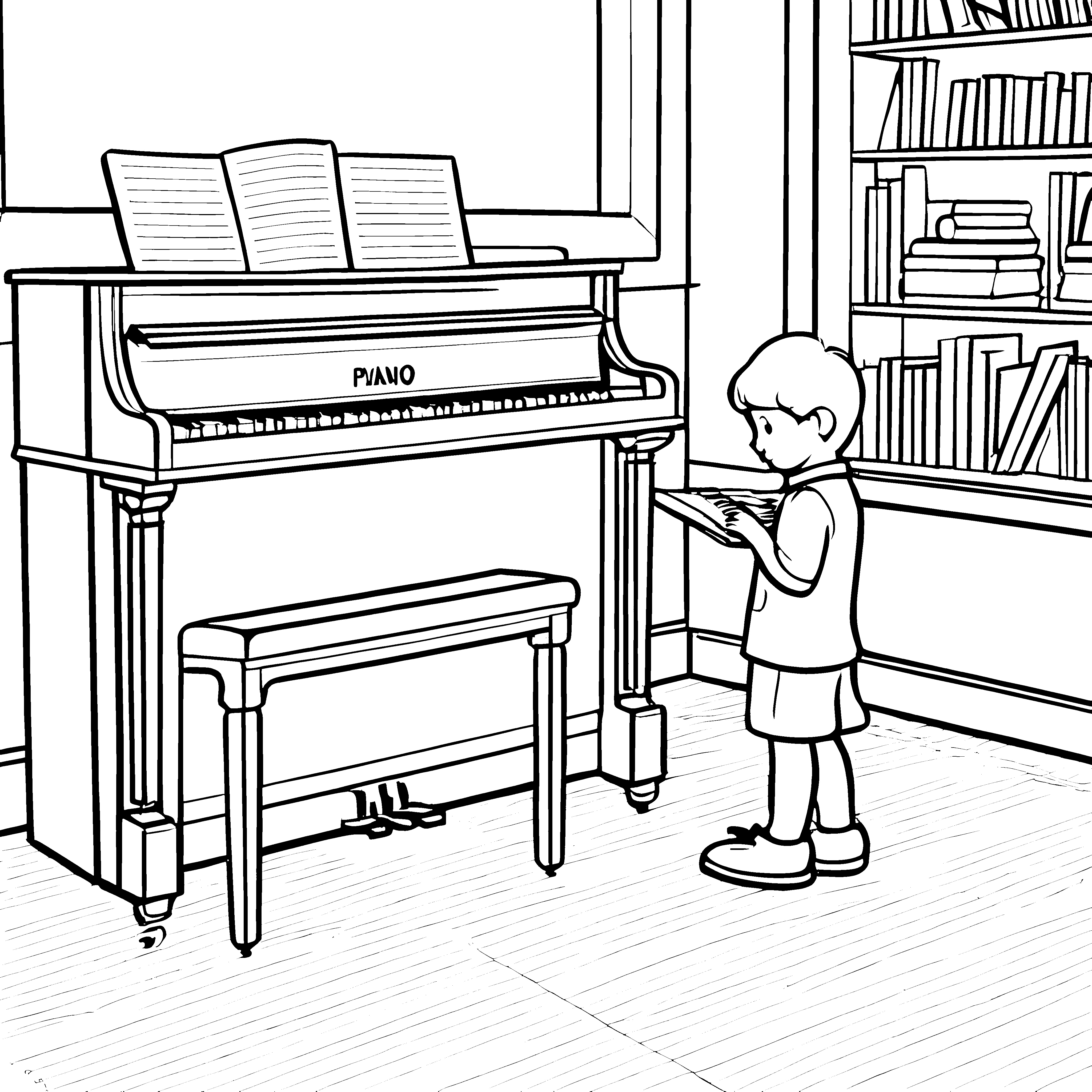 Harmonisches Klavier mit Notenblatt Ausmalbild für kreative Musikfreunde
