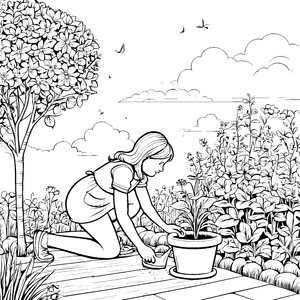 Bunte Blumen im eigenen Kübel Ausmalvorlage für kleine Gartenkünstler
