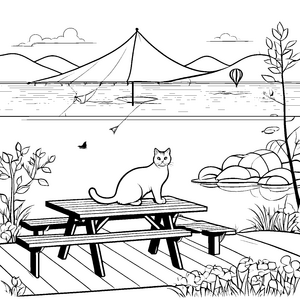 Elegante Britisch Kurzhaar Katze am See Ausmalbild für kleine Tierentdecker