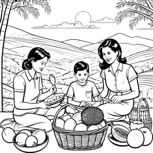 Fruchtige Durian-Entdeckung im Familienkreis Ausmalvorlage für neugierige Gourmets