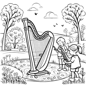 Harmonische Harfe im blühenden Garten Ausmalvorlage für kleine Musikfreunde