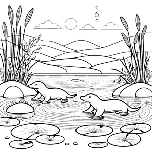 Verspielte Schnabeltiere im Wasser Ausmalbild für kleine Wasserfreunde