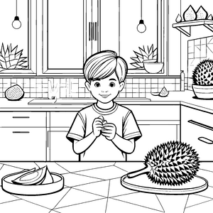Kreativer Junge mit duftender Durian Malvorlage für abenteuerlustige Feinschmecker