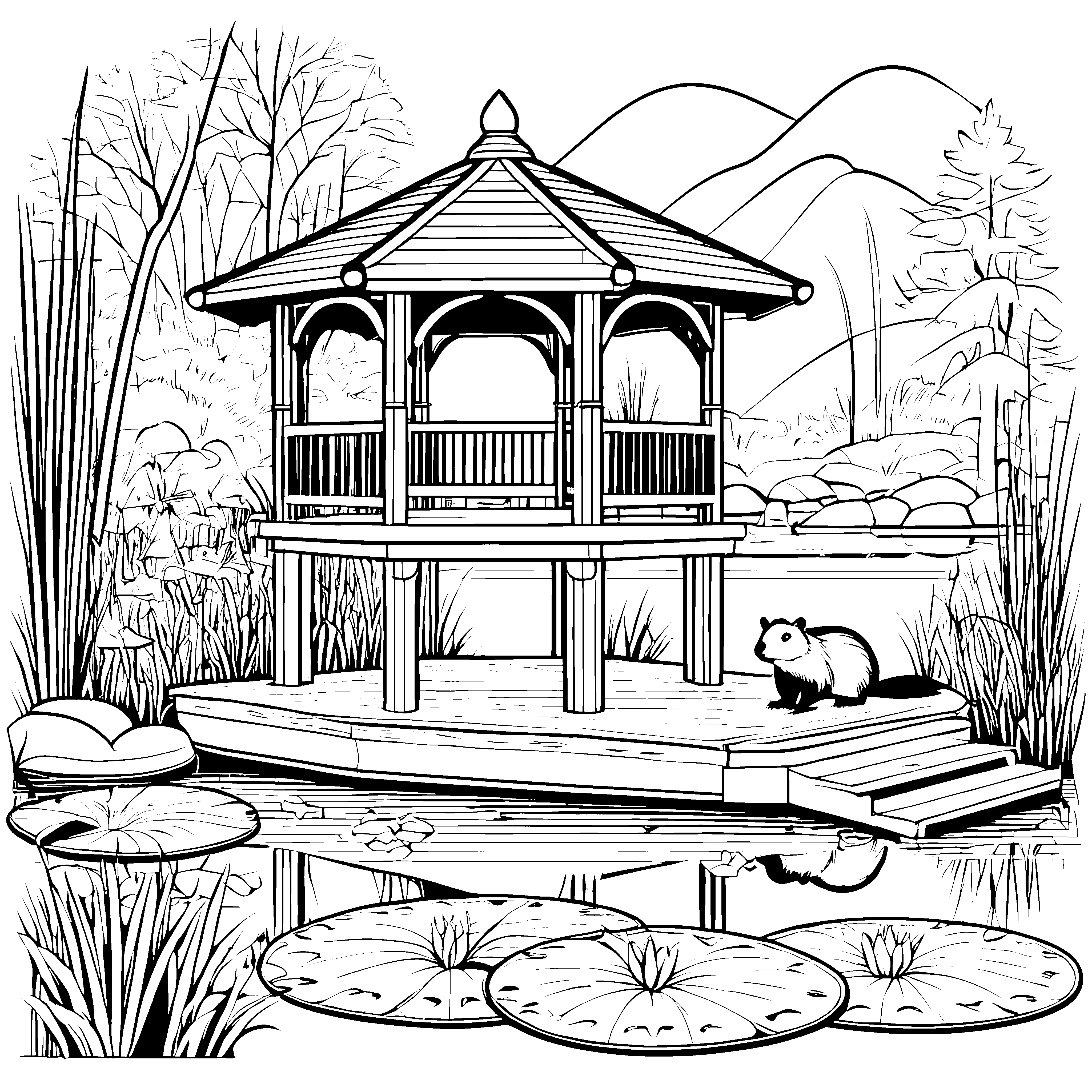 Flinker Biber am idyllischen Pavillon Ausmalmotiv für kreative Naturfreunde