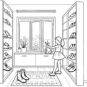 Funktionaler Schuhschrank mit fröhlichem Mädchen Ausmalbild für kleine Ordnungshüter