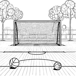 Spannende Sportbälle vor dem Tor Ausmalmotiv für aktive Spielkinder