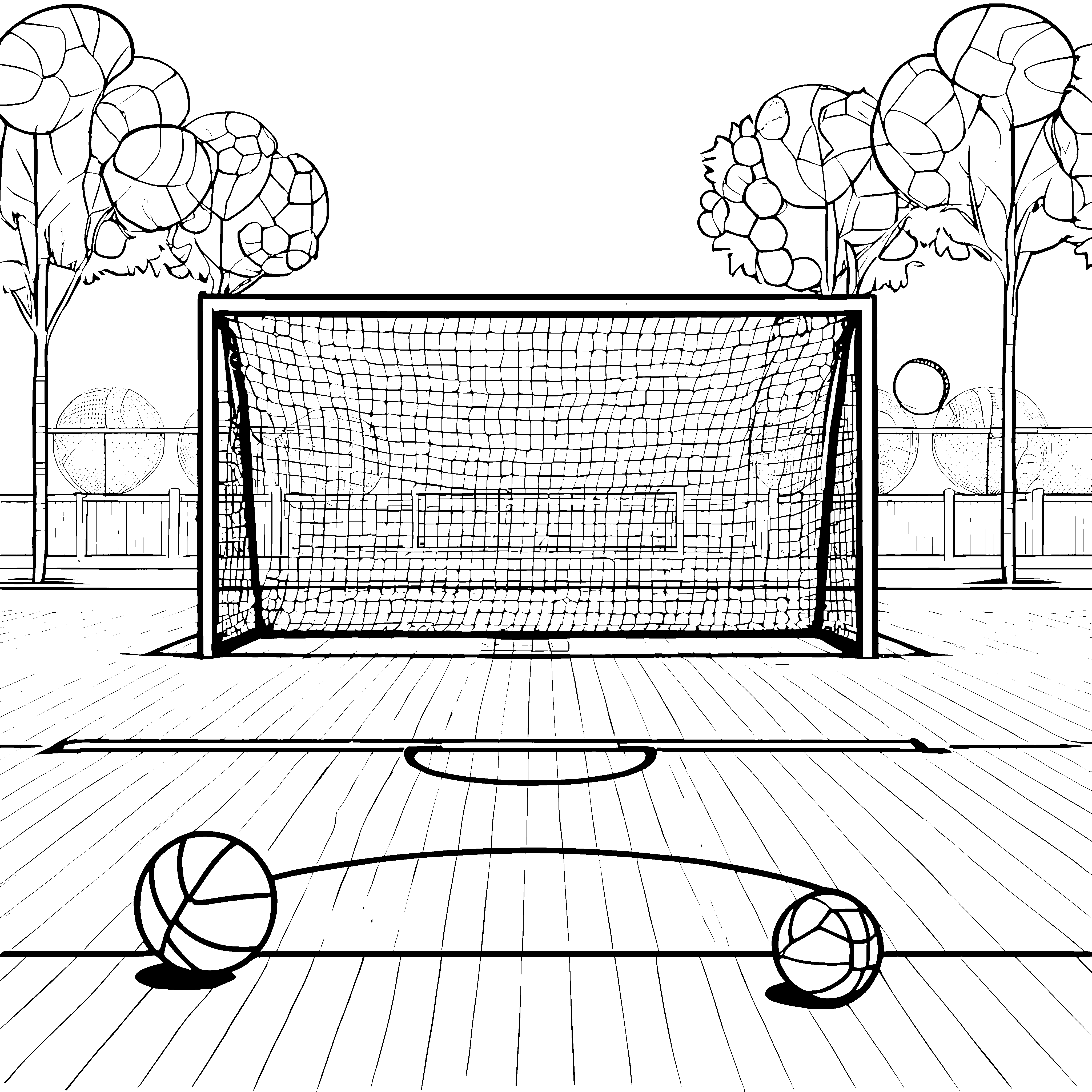 Spannende Sportbälle vor dem Tor Ausmalmotiv für aktive Spielkinder