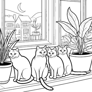 Katzenfreunde entspannen am sonnigen Fenster Ausmalvorlage für kreative Entdecker