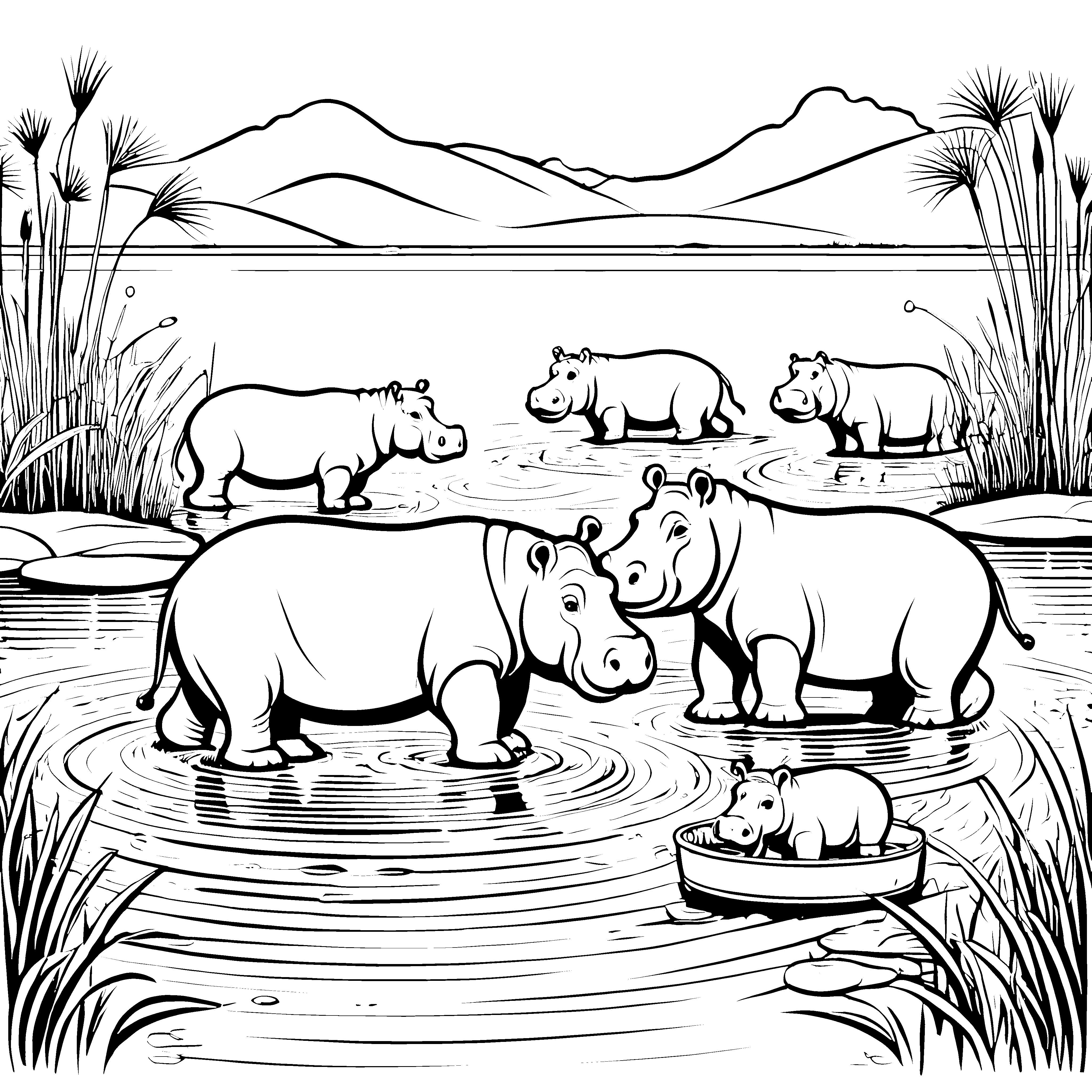 Fröhliche Nilpferde beim Plantschen im Wasser Ausmalvorlage für kleine Wasserratten