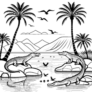 Kreative Krokodile am glitzernden Wasser Ausmalvorlage für neugierige Entdecker