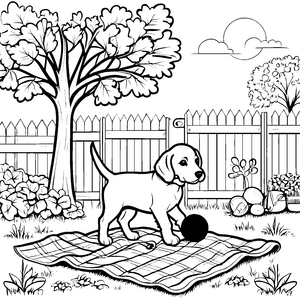 Beagle entdeckt den bunten Ball im Garten Ausmalmotiv für kleine Tierabenteurer